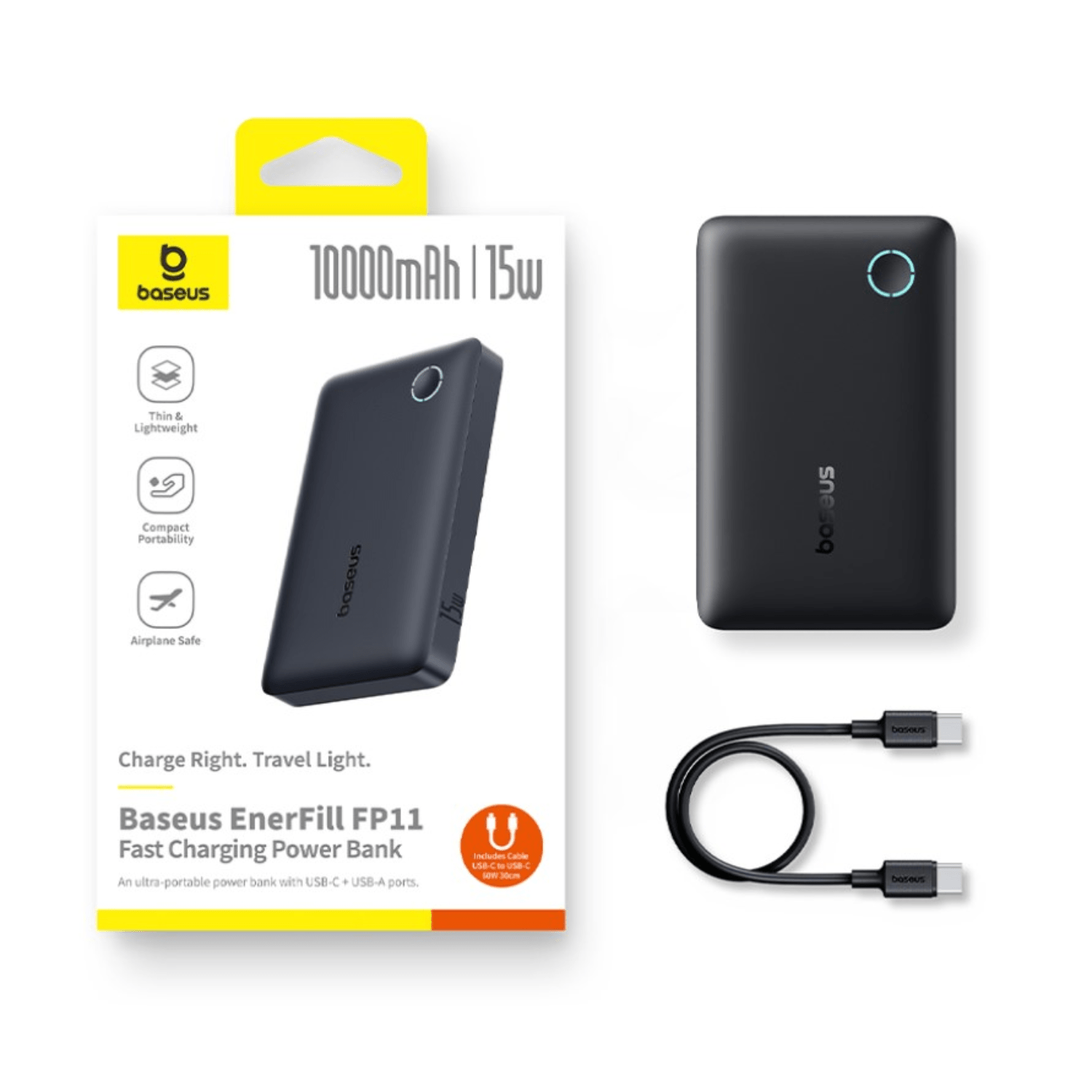 POWER BANK BASEUS ENERFILL FP11  10000 MAH 15W CON CABLE USB-C A USB-C NEGRO - 5