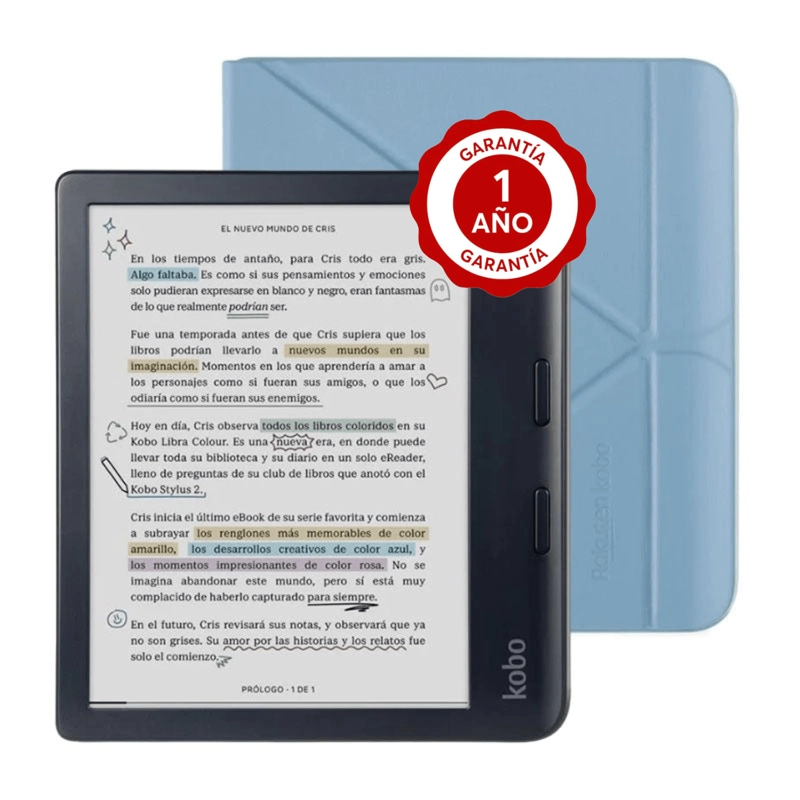 LECTOR E READER KOBO LIBRA COLOUR NEGRO CON FUNDA PREMIUM SLEEPCOVER AZUL - 1