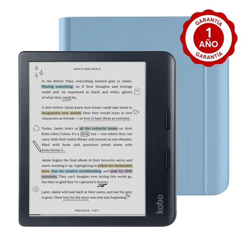 LECTOR E READER KOBO LIBRA COLOUR NEGRO CON FUNDA NOTEBOOK AZUL - 1