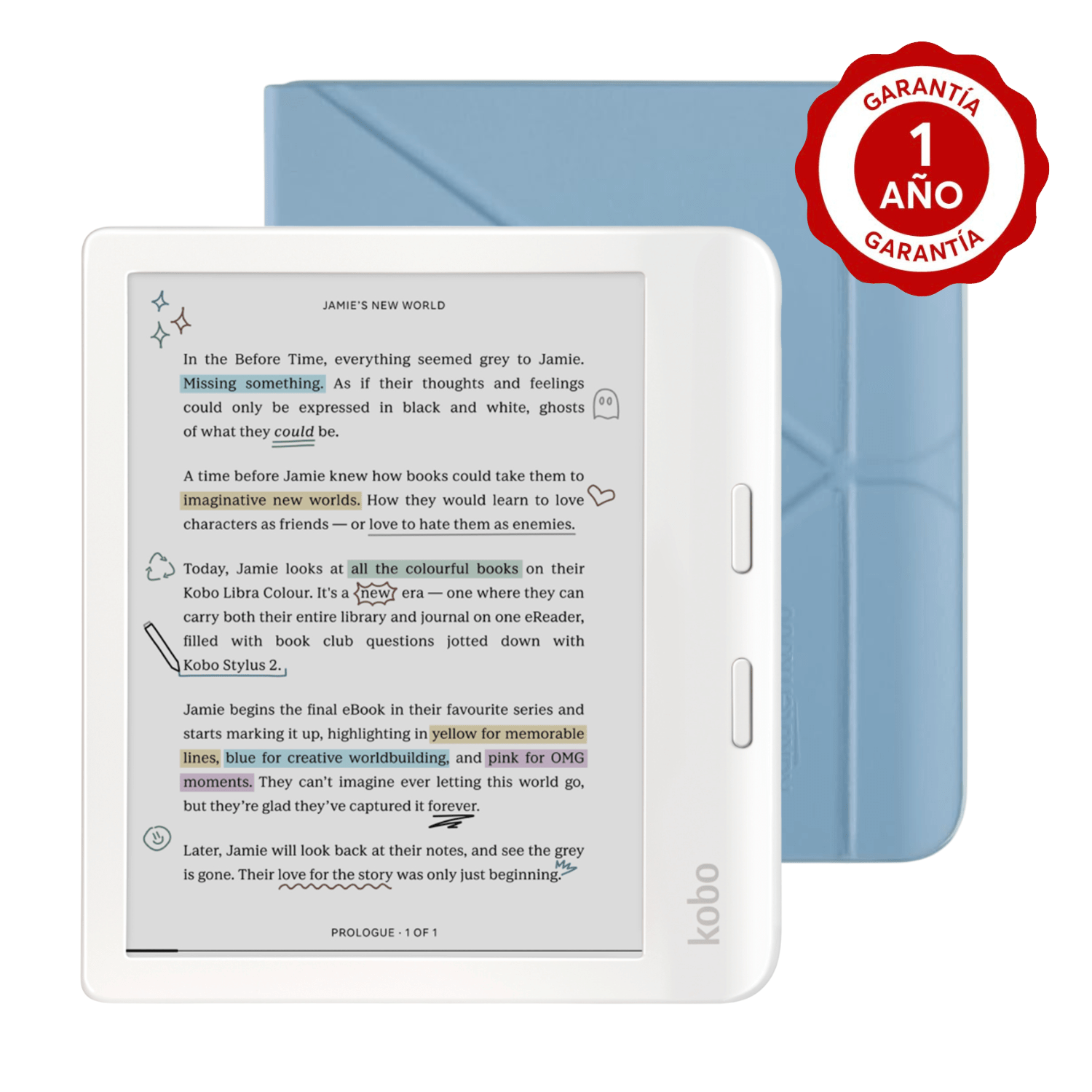 LECTOR E READER KOBO LIBRA COLOUR BLANCO CON FUNDA NOTEBOOK AZUL - 1