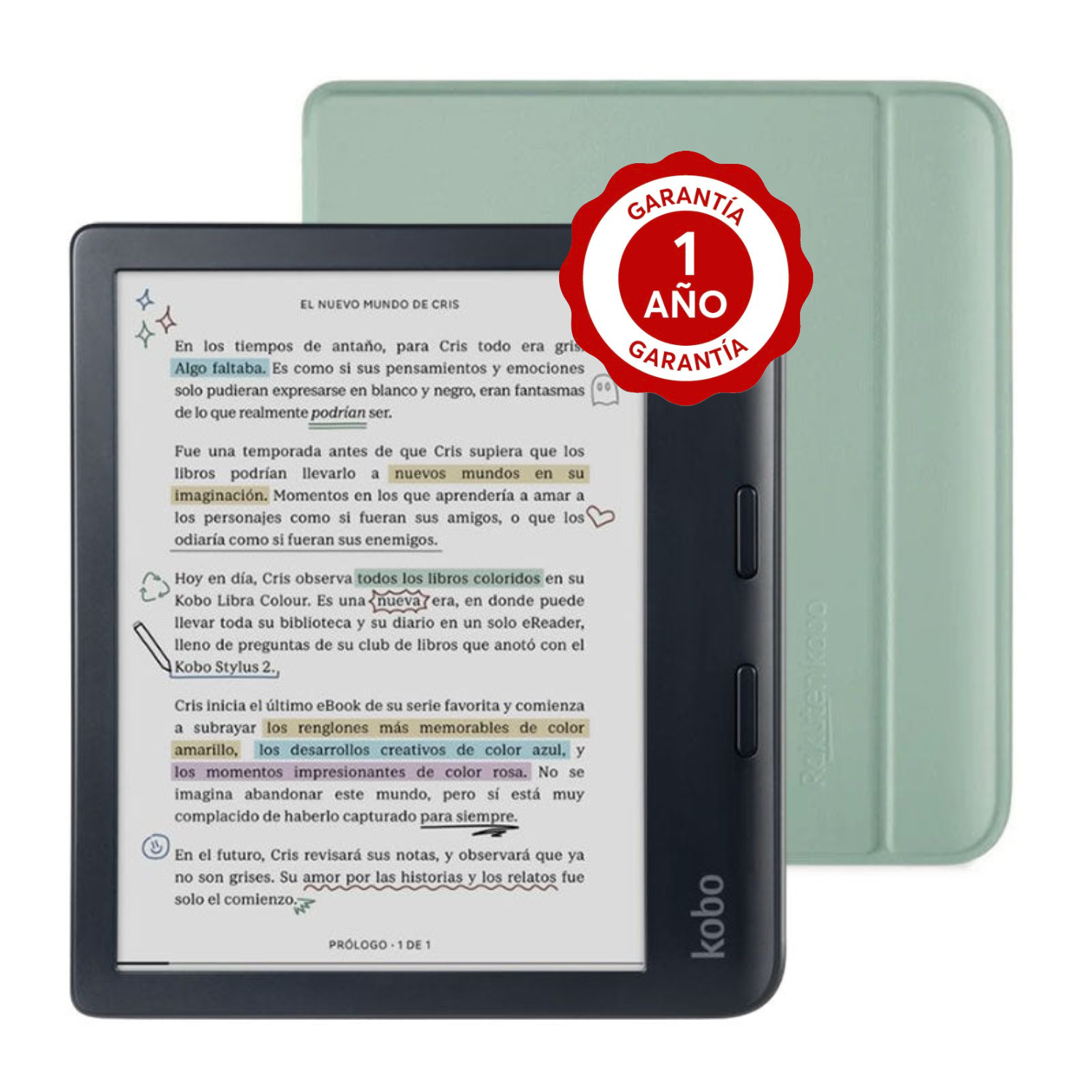 LECTOR E READER KOBO LIBRA COLOUR NEGRO CON FUNDA BASIC SLEEPCOVER VERDE - 1