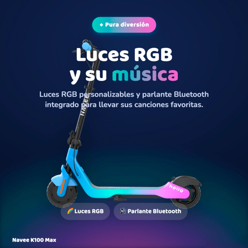 SCOOTER ELECTRICO INFANTIL NAVEE K100 MAX 260W 24KM LUCES RGB CONTROL PARENTAL 6 A 14 AÑOS - 8
