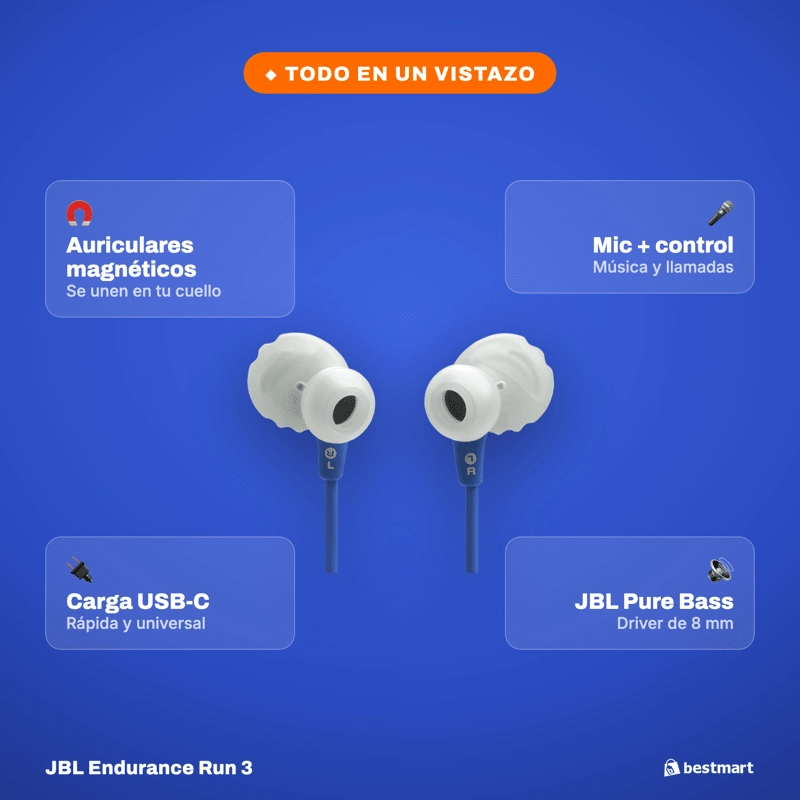 AUDIFONOS DEPORTIVOS INALAMBRICOS JBL ENDURANCE RUN 3 BLUETOOTH IP65 AZUL - 7
