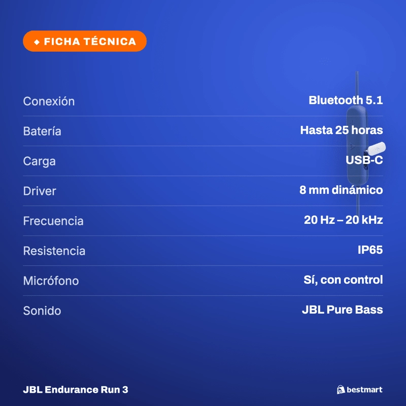 AUDIFONOS DEPORTIVOS INALAMBRICOS JBL ENDURANCE RUN 3 BLUETOOTH IP65 AZUL - 9