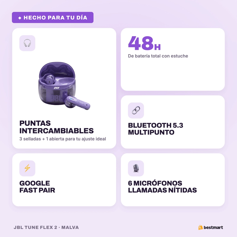 AUDIFONOS BLUETOOTH JBL TUNE FLEX 2 GHOST ANC TRUE WIRELESS MORADO - 9