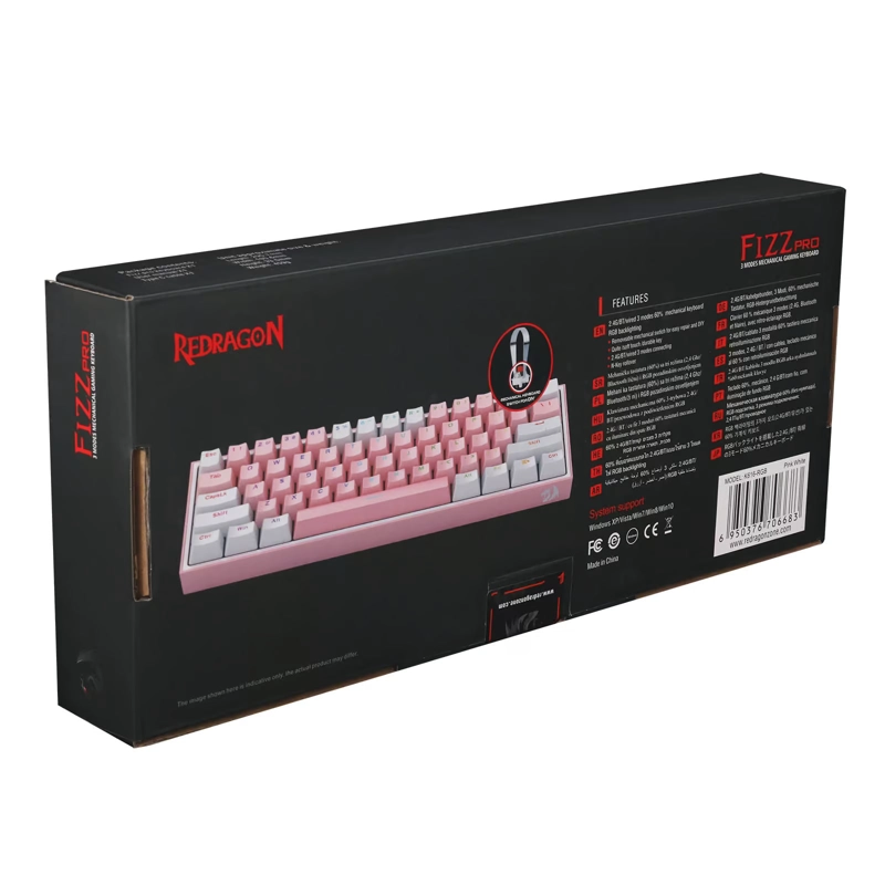TECLADO MECANICO GAMER REDRAGON FIZZ PRO K616 RGB SWITCH RED - COMPACTO 60% - ROSADO CON BLANCO - - 6