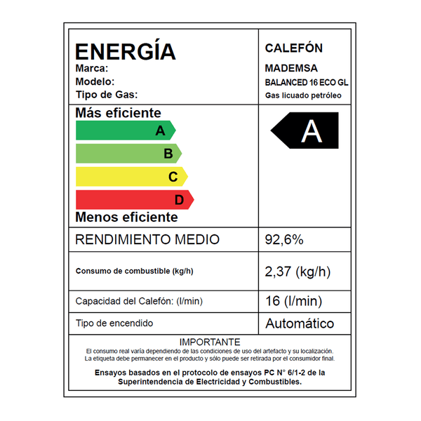 CALEFONT A GAS LICUADO 16 L MADEMSA TIRO BALANCEADO BALANCED 16 - 11