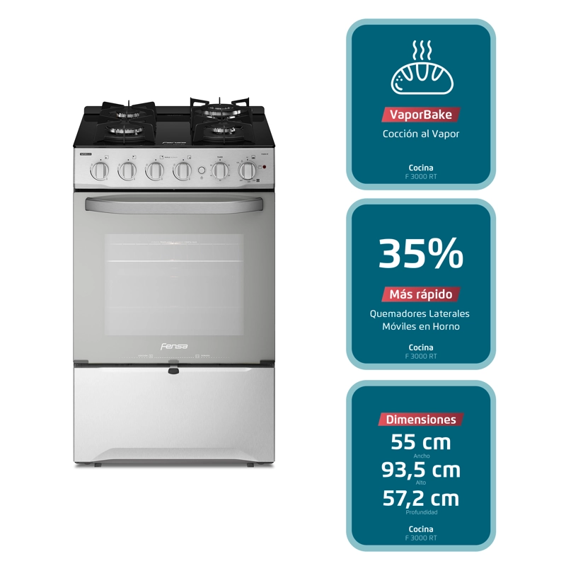 COCINA A GAS FENSA F 3000 RT 4 PLATOS CUBIERTA VIDRIO INOX - 9