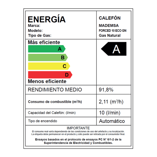 CALEFONT A GAS NATURAL 10 L MADEMSA TIRO FORZADO FORCED 10 ECO - 11