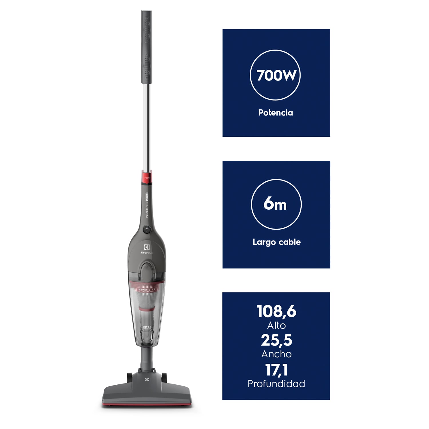 Aspiradora Vertical con Cable Electrolux 700W 2 en 1 con Filtro HEPA STK15 Gris - 3