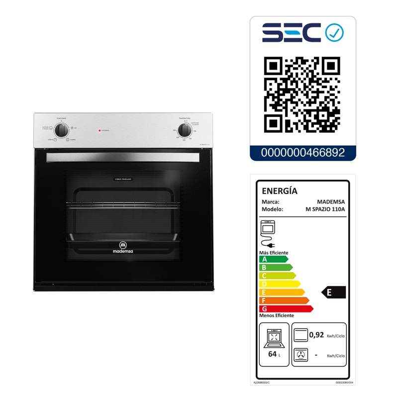 HORNO EMPOTRABLE MADEMSA M SPAZIO110 A ELÉCTRICO 66L TIMER M SPAZIO 110A GRIS - 10