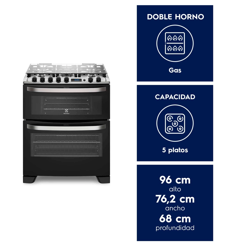 COCINA A GAS 5 PLATOS DOBLE HORNO TIMER DIGITAL 76DBA NEGRA - 4