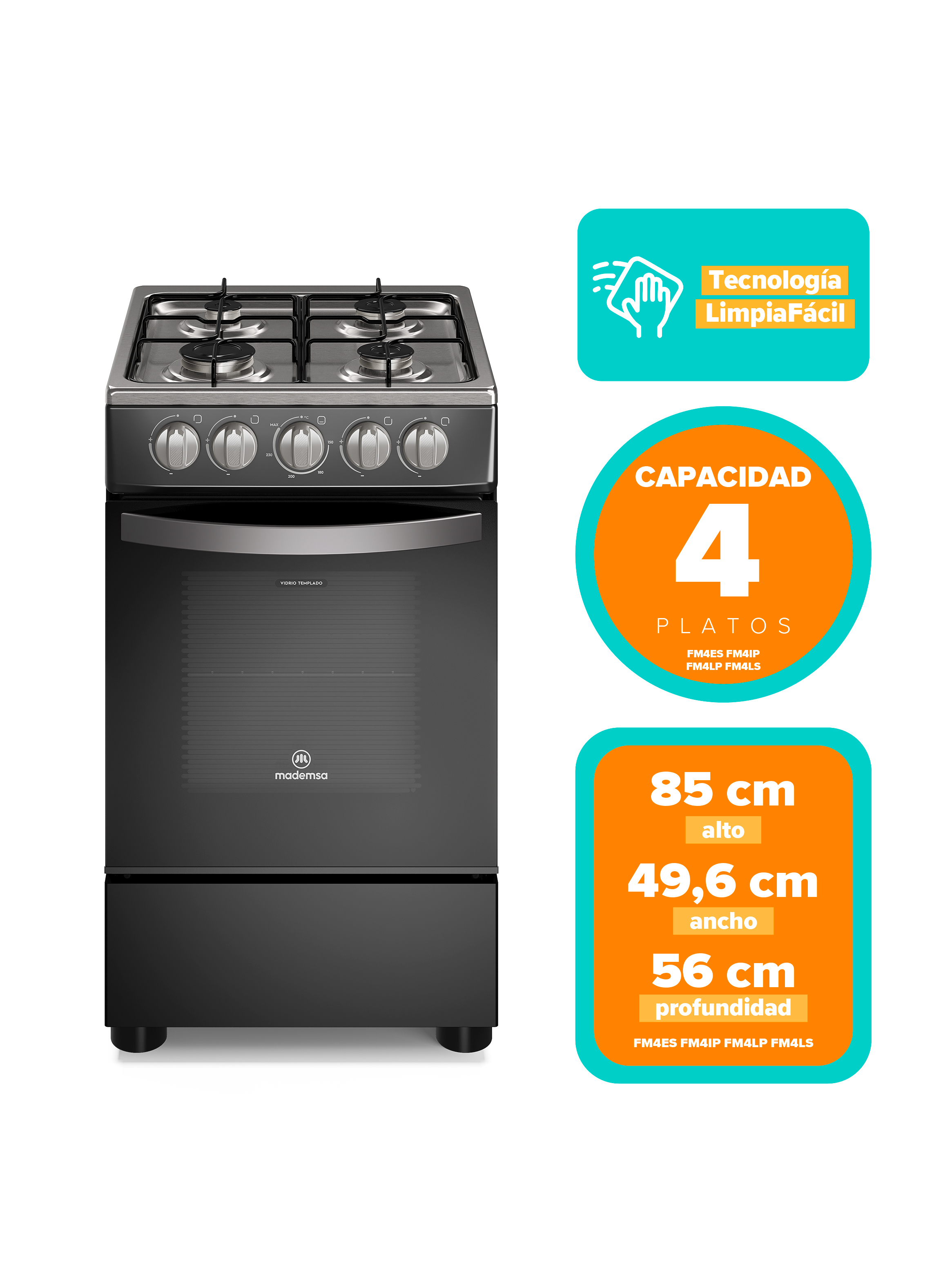 COCINA A GAS 4 PLATOS LIMPIAFACIL Y PARRILLAS ALAMBRON FM4IP - 6