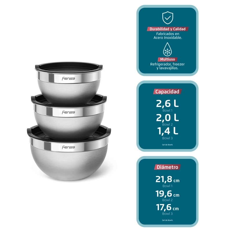 SET BOWLS ACERO INOXIDABLE MULTIUSO FENSA TAPA PLASTICO 3 UN - 3