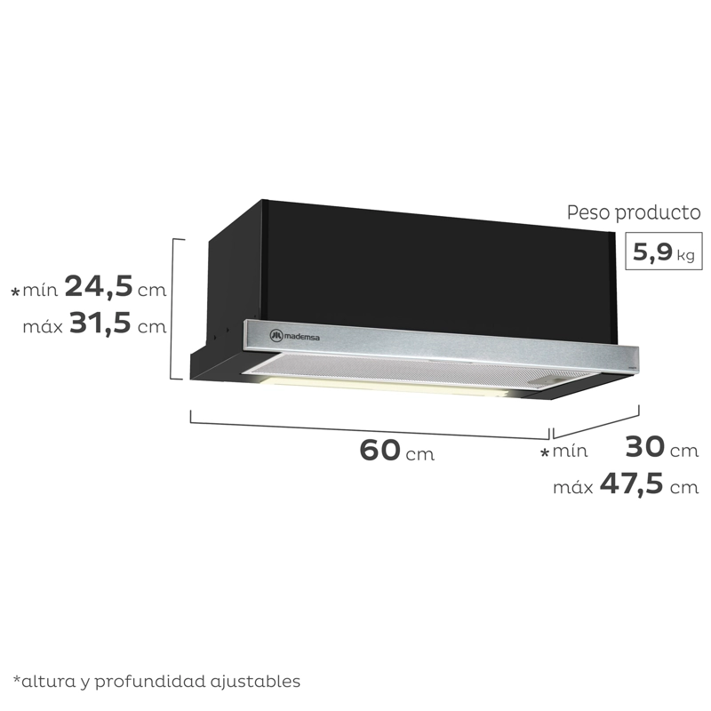 CAMPANA MADEMSA ANCHO 60 CM MX 6270 COCINA EXTRACTORA RETRACTIL EMPOTRABLE - 2
