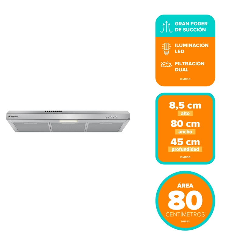 CAMPANA DE COCINA EXTRACTORA 80CM GRAN PODER SUCCION DM8SS - 4