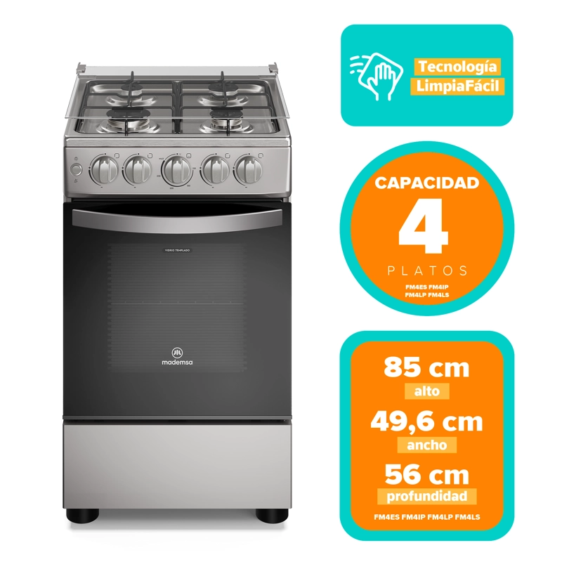 COCINA A GAS 4 PLATOS LIMPIAFACIL Y PARRILLAS ALAMBRON FM4ES - 6