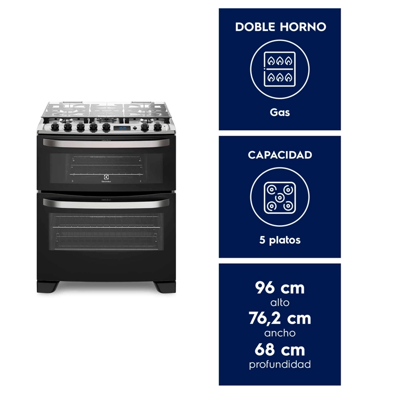 COCINA A GAS 5 PLATOS DOBLE HORNO TIMER DIGITAL 76DBA NEGRA - 6