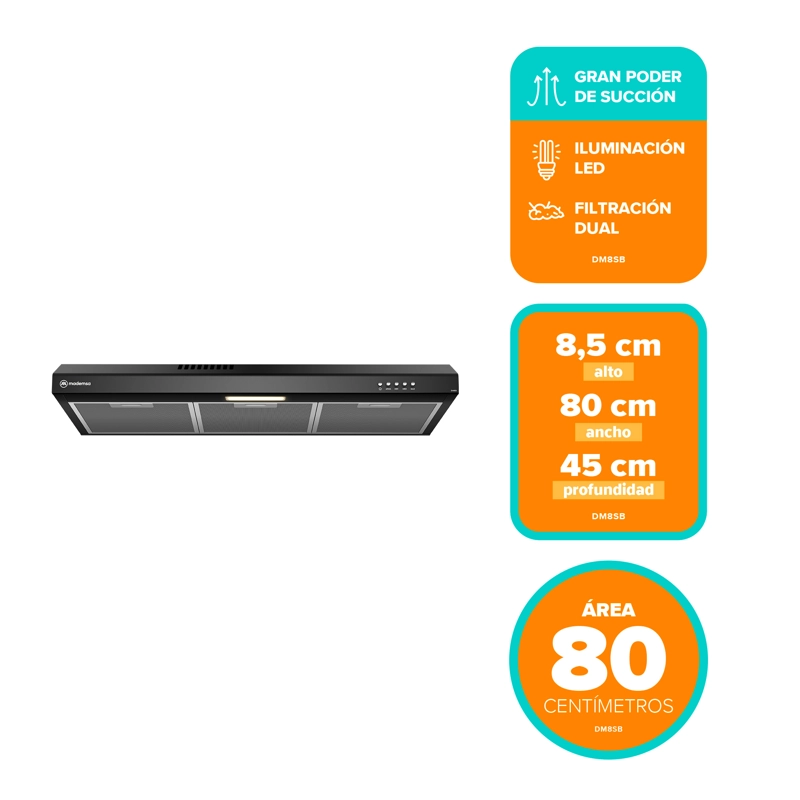 CAMPANA DE COCINA EXTRACTORA 80CM GRAN PODER SUCCION DM8SB - 4