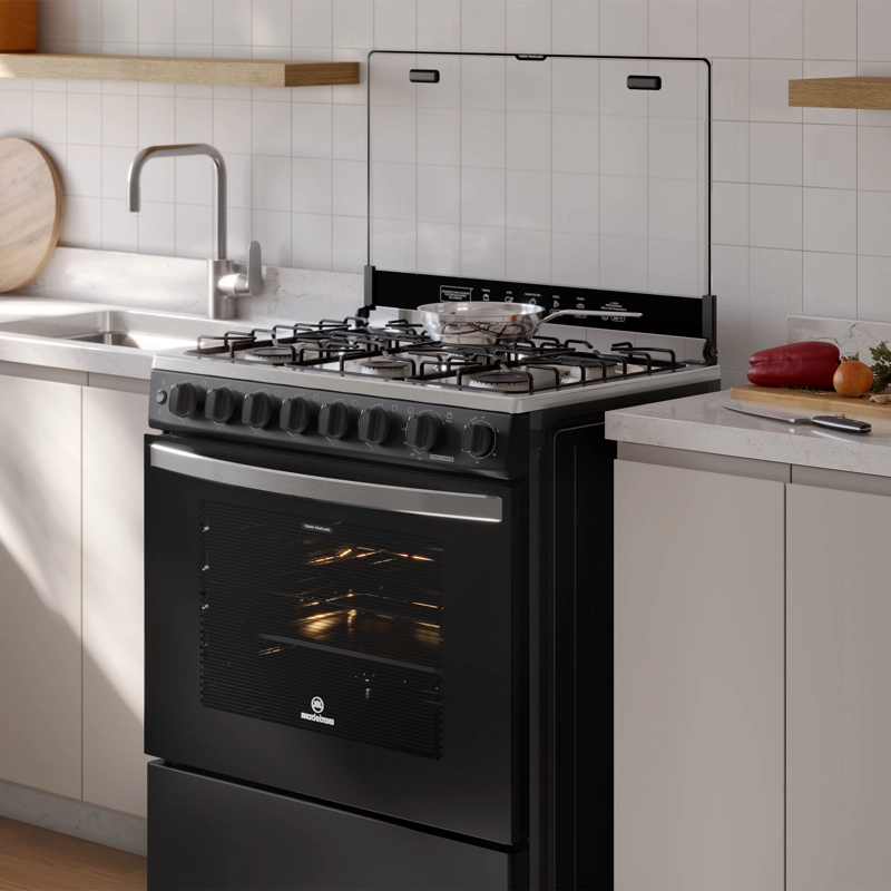 COCINA A GAS 6 PLATOS HORNO VAPOR Y PARRILLA PLETINA FM6SPC NEGRA - 11