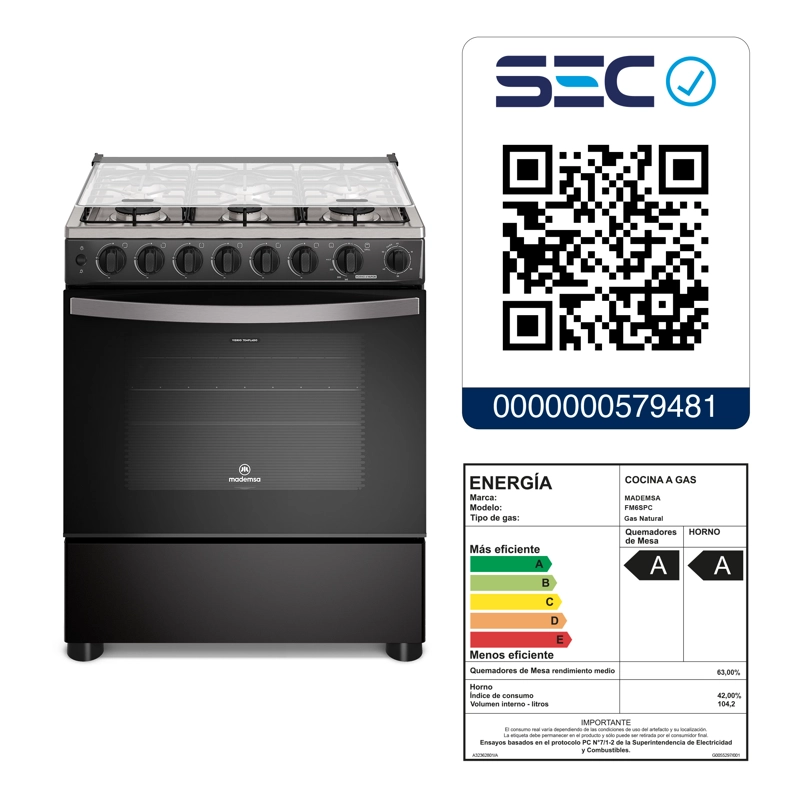 COCINA A GAS 6 PLATOS HORNO VAPOR Y PARRILLA PLETINA FM6SPC NEGRA - 12