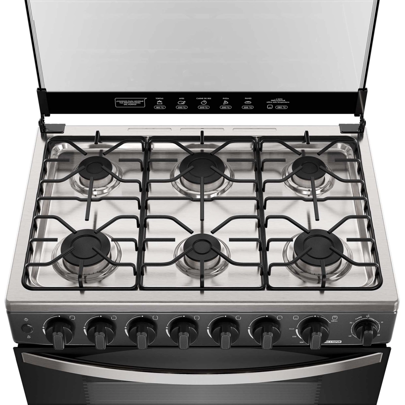 COCINA A GAS 6 PLATOS HORNO VAPOR Y PARRILLA PLETINA FM6SPC NEGRA - 6