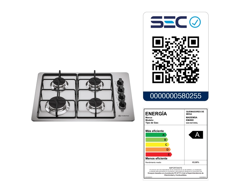 ENCIMERA A GAS 4 PLATOS ENCENDIDO AUTOMATICO KM4NX INOX - 2