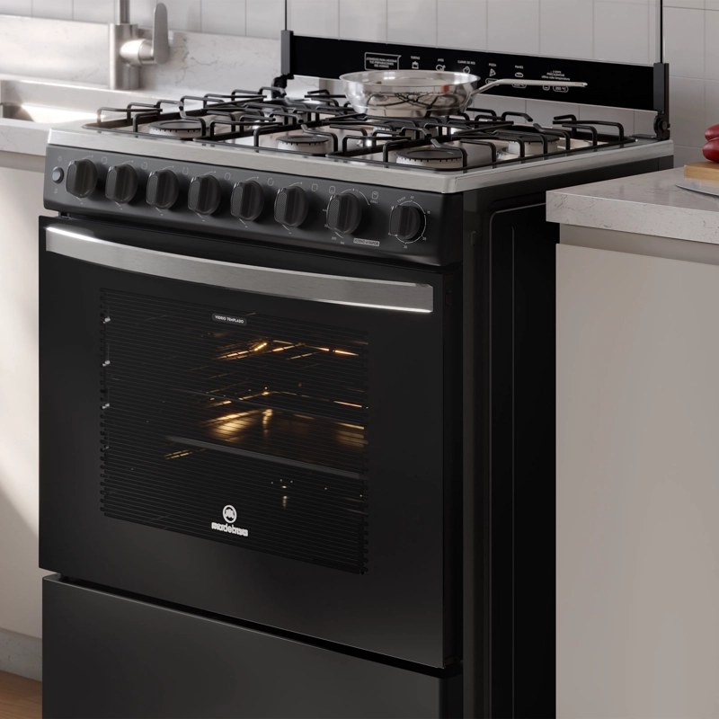 COCINA A GAS 6 PLATOS HORNO VAPOR Y PARRILLA PLETINA FM6SPC NEGRA - 2