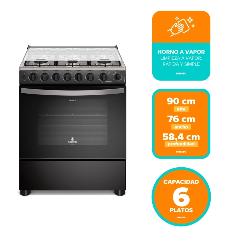 COCINA A GAS 6 PLATOS HORNO VAPOR Y PARRILLA PLETINA FM6SPC NEGRA - 8