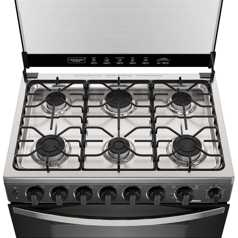 COCINA A GAS 6 PLATOS HORNO VAPOR Y PARRILLA PLETINA FM6SPC NEGRA - 11