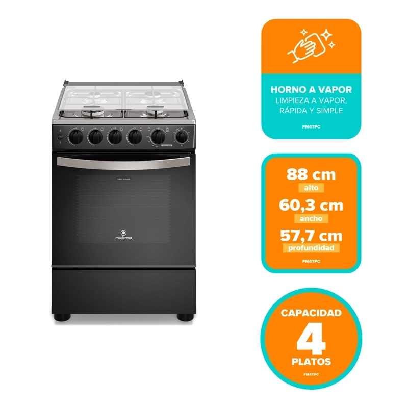 COCINA A GAS 4 PLATOS HORNO VAPOR Y TEMPORIZADOR FM4TPC NEGRA - 2