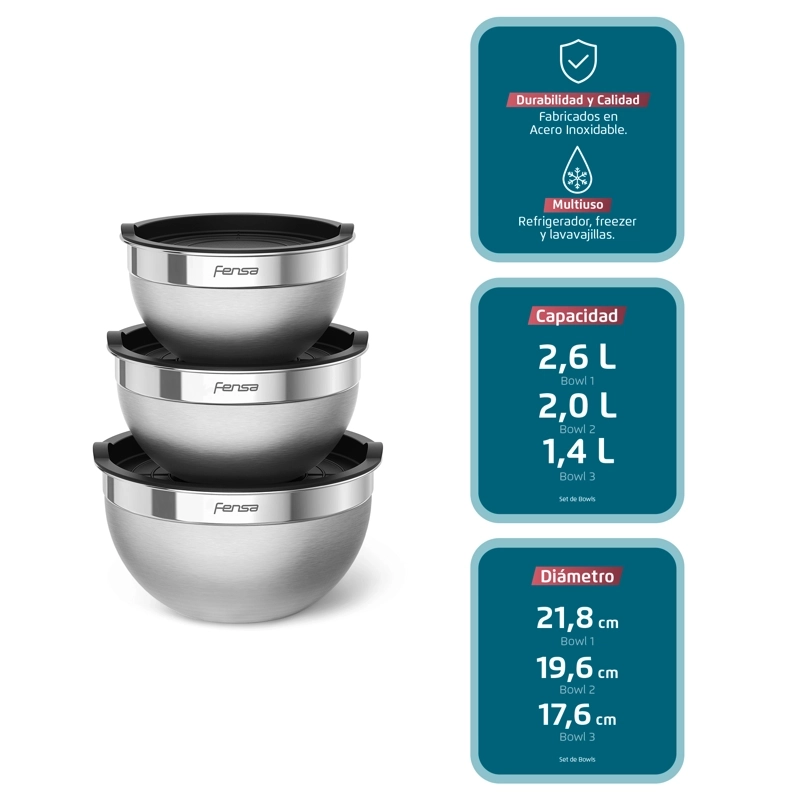 SET BOWLS ACERO INOXIDABLE MULTIUSO FENSA TAPA PLASTICO 3 UN - 2
