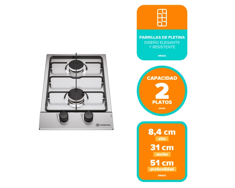 ENCIMERA A GAS 2 PLATOS PARRILLA PLETINA KM2GX INOX - 3