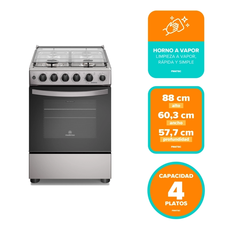 COCINA A GAS 4 PLATOS HORNO VAPOR Y TEMPORIZADOR FM4TSC SILVER - 3