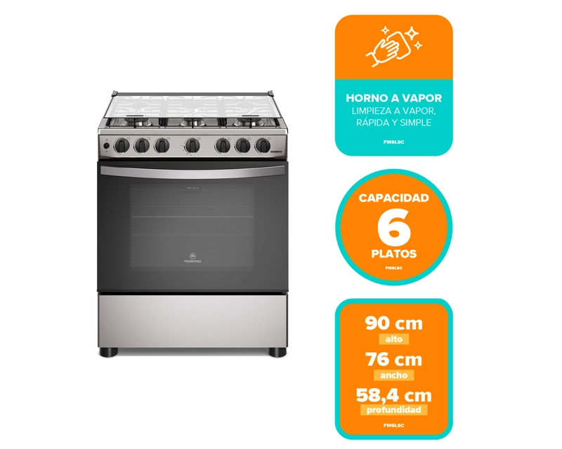 COCINA A GAS 6 PLATOS HORNO VAPOR Y PARRILLAS ALAMBRON FM6LSC INOX - 3