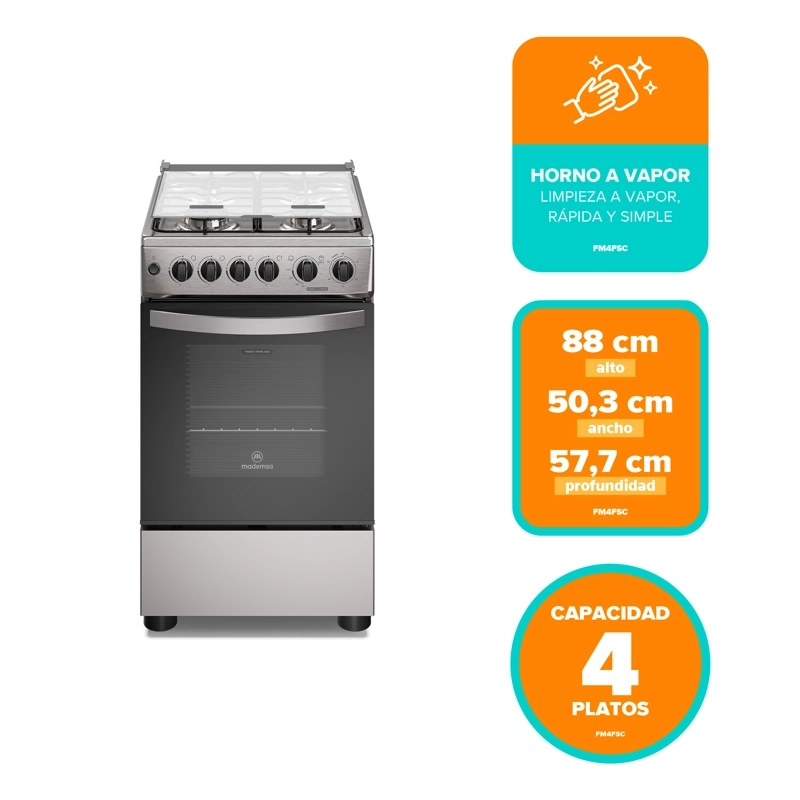 COCINA A GAS 4 PLATOS HORNO VAPOR Y GRILL FM4FSC INOX - 3