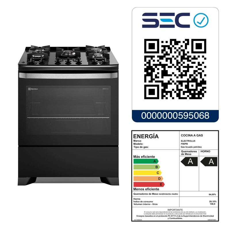 COCINA A GAS 5 PLATOS PARRILLAS HIERRO FUNDIDO F5EPB NEGRA - 10