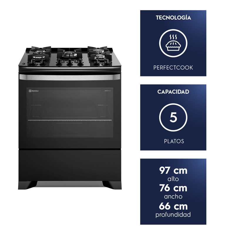 COCINA A GAS 5 PLATOS PARRILLAS HIERRO FUNDIDO F5EPB NEGRA - 3