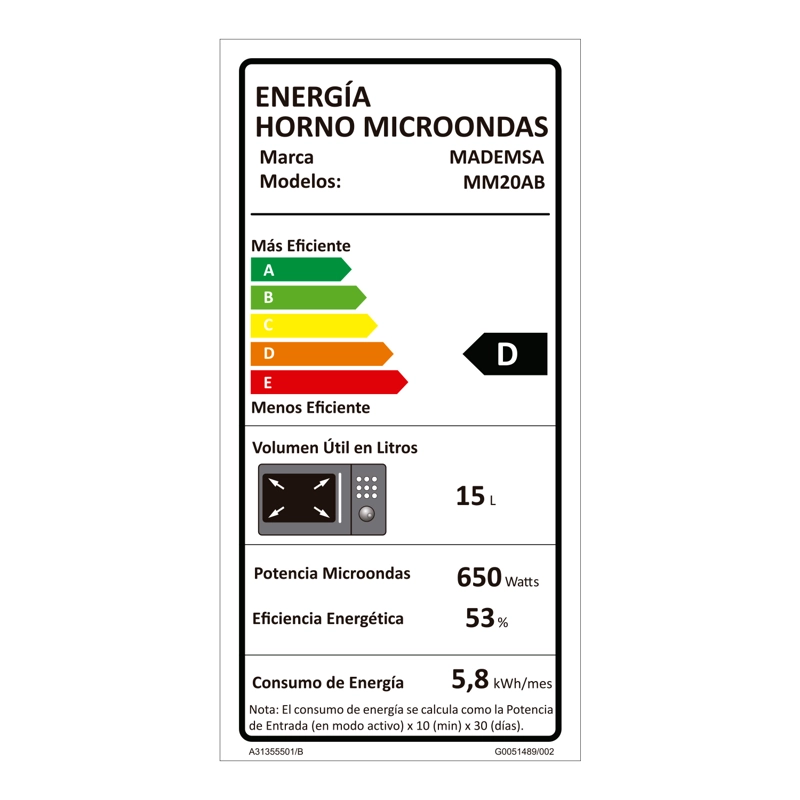 MICROONDAS MADEMSA 20 LITROS MANUAL 6 NIVELES DE POTENCIA MM20AB NEGRO - 10