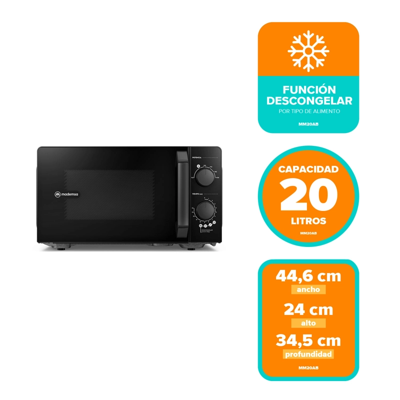 MICROONDAS MADEMSA 20 LITROS MANUAL 6 NIVELES DE POTENCIA MM20AB NEGRO - 3