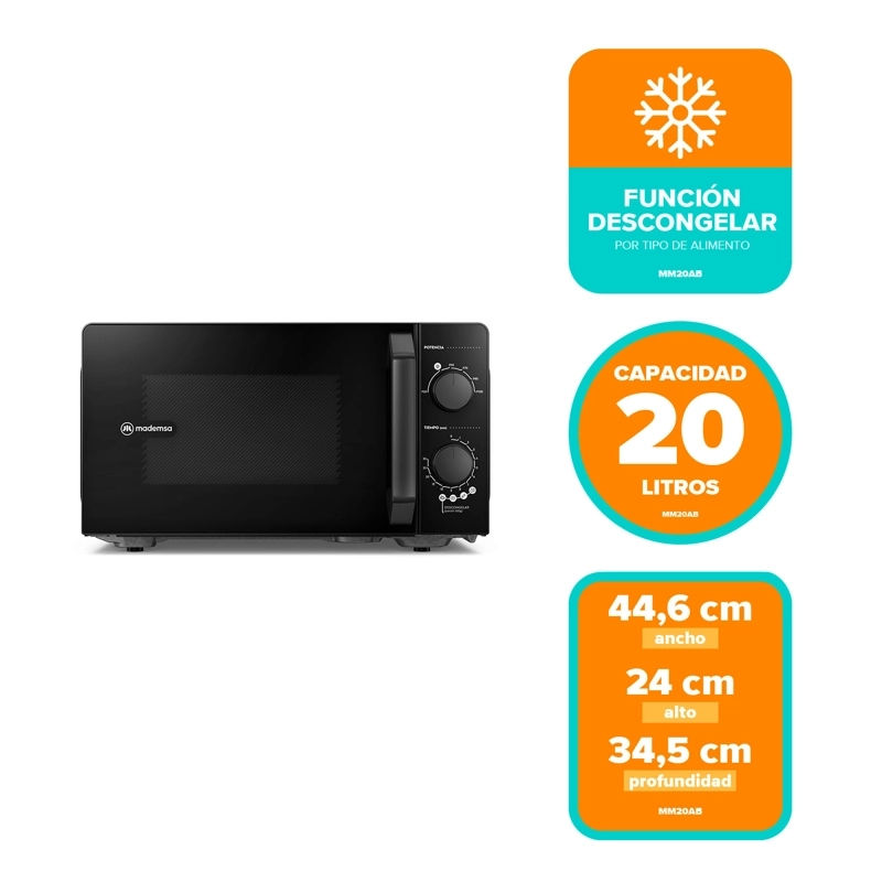 MICROONDAS MADEMSA 20 LITROS MANUAL 6 NIVELES DE POTENCIA MM20AB NEGRO - 3