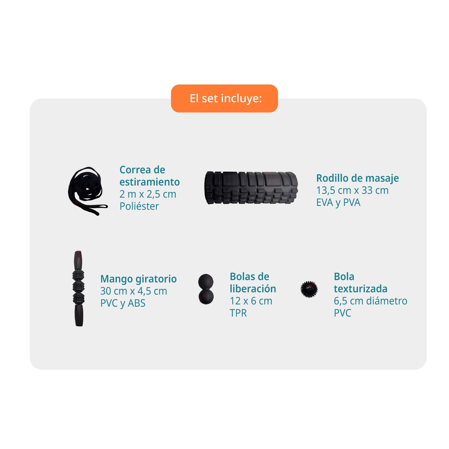 SET DE ELONGACIÓN BODYTRAINER PVC CON RODILLO BOLAS MANGO Y CORREA - 3
