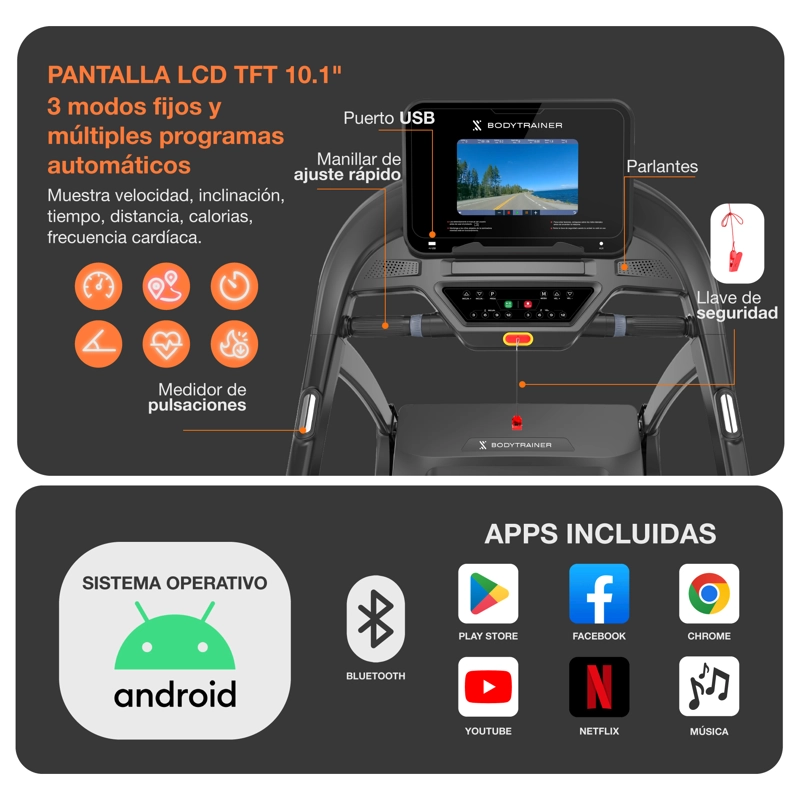 TROTADORA CON PANTALLA BODYTRAINER RN820 20 KM/H CON APPS - 2