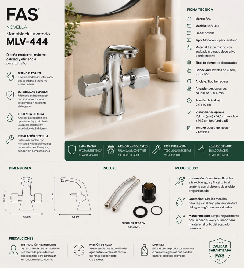 GRIFO FAS MONOBLOCK LLAVE LAVATORIO LAVAMANO MODELO NOVELLA - 3