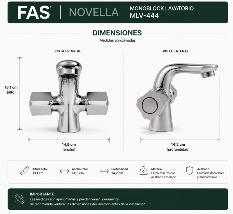 GRIFO FAS MONOBLOCK LLAVE LAVATORIO LAVAMANO MODELO NOVELLA - 8