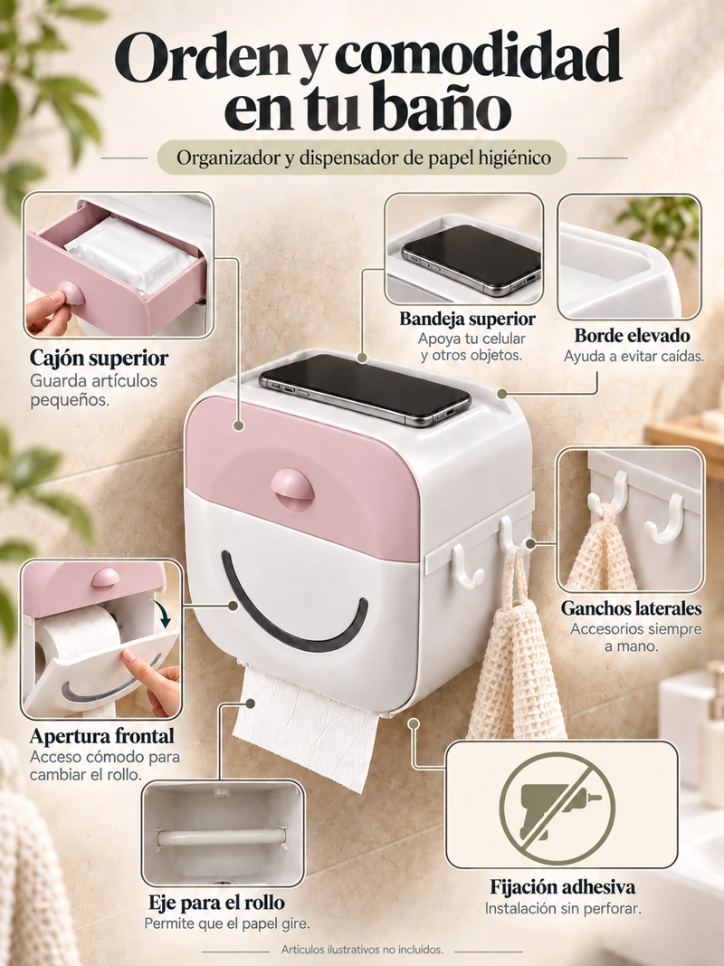 DISPENSADOR DE CONFORT PORTA PAPEL HIGIENICO CON CAJON SUPERIOR Y SOPORTE PARA ROLLO ROSA - 2