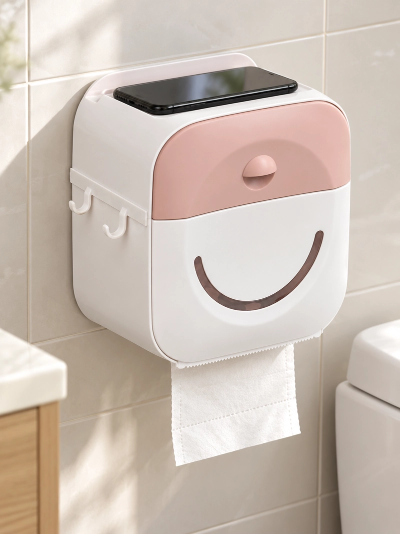 DISPENSADOR DE CONFORT PORTA PAPEL HIGIENICO CON CAJON SUPERIOR Y SOPORTE PARA ROLLO ROSA - 3