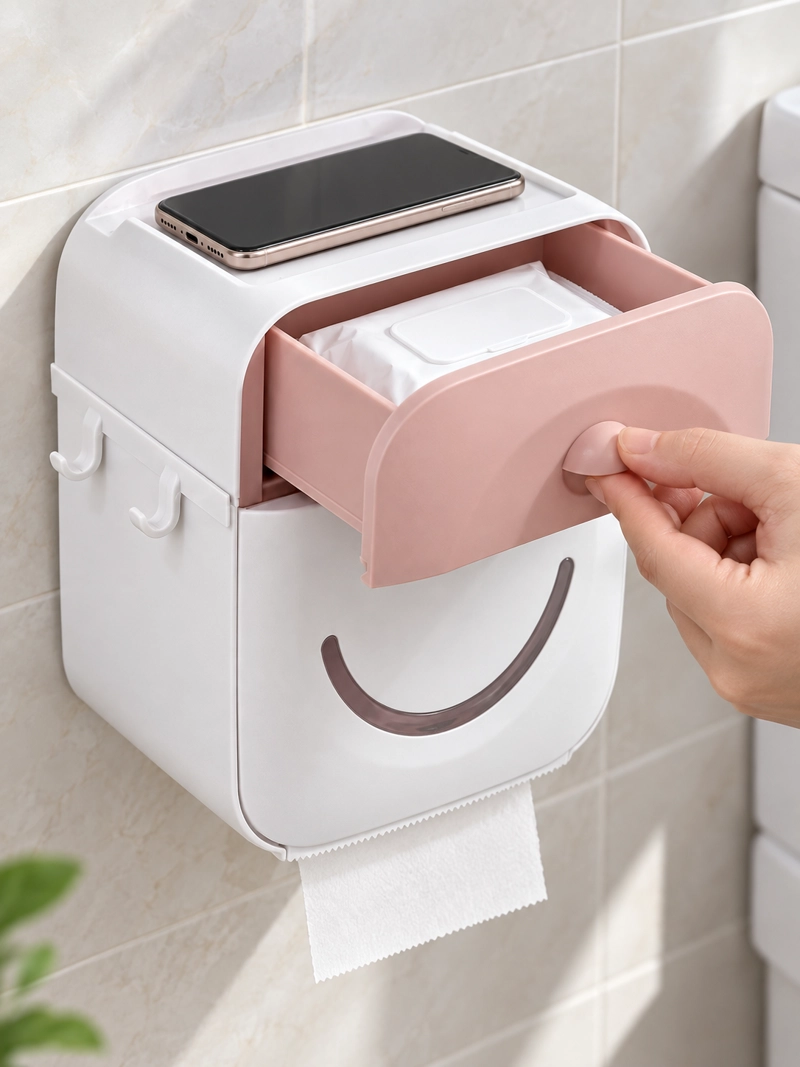 DISPENSADOR DE CONFORT PORTA PAPEL HIGIENICO CON CAJON SUPERIOR Y SOPORTE PARA ROLLO ROSA - 4