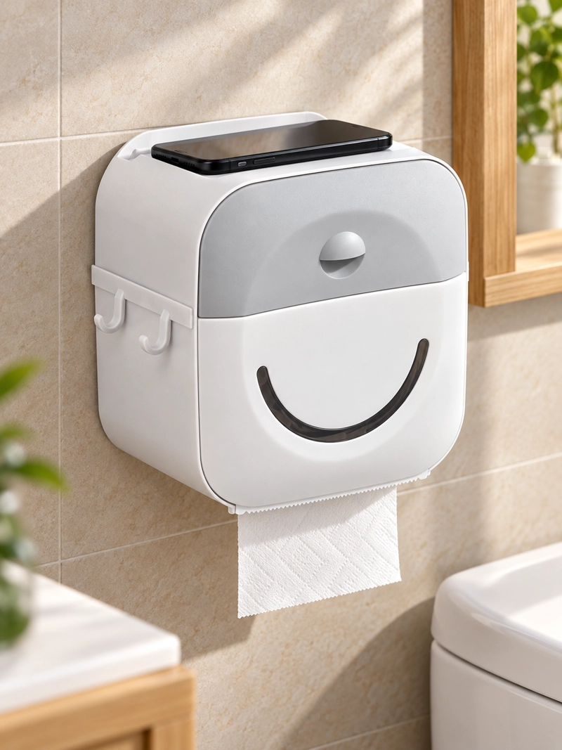 DISPENSADOR PORTA CONFORT PAPEL HIGIENICO DE PARED CON CAJON Y SOPORTE CELULAR GRIS - 1