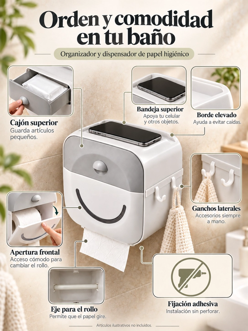 DISPENSADOR PORTA CONFORT PAPEL HIGIENICO DE PARED CON CAJON Y SOPORTE CELULAR GRIS - 2